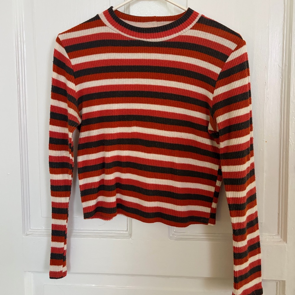 Anthropologie Brand Cropped Striped Mockneck Long Sleeve